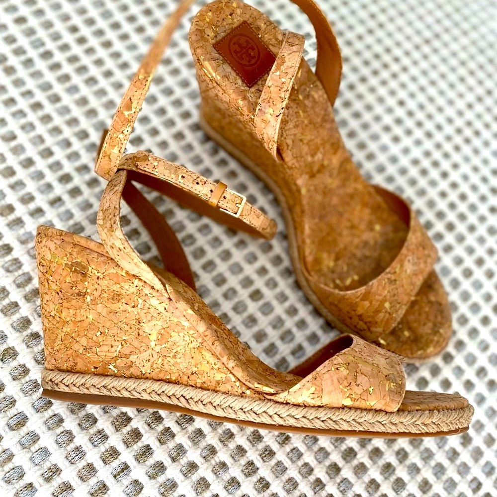 Tory Burch Cork Gold Wedge Sandals